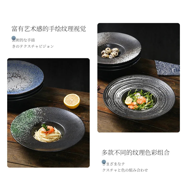 Italian Straw Hat Plate Commercial Italian Noodle Western Salad Plate Japanese Vintage Ceramic Plate UFO Round Deep Soup