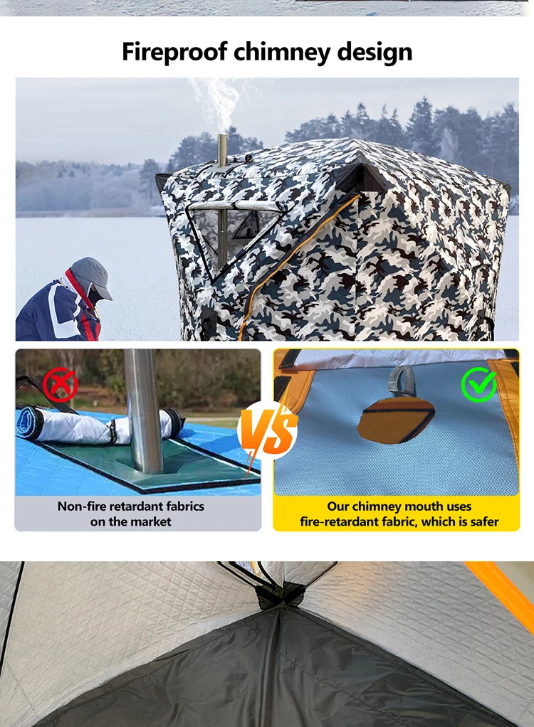 4 Person Ice Fishing Tent, Windproof Insulated Cotton Shelter with Quick Setup, Portable Thickened Warm Winter Tent for Outdoor