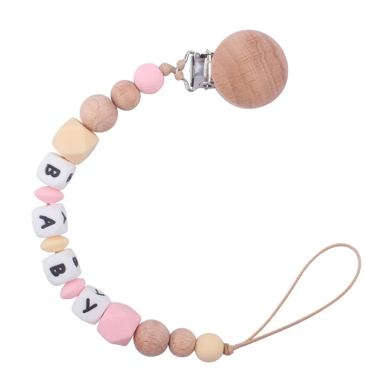 Custom Personalized Name Pacifier Holder Chain Handmade Beech Wooden Clip Cilicone Teether Baby Teething Toy Newborn Chew Gift
