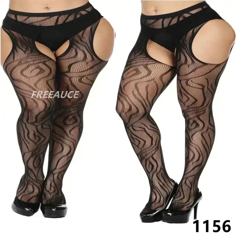 FREEAUCE Women Large Plus Size Stockings with Anti-slip Oversized Lace XXXL Thigh High Sheer Fishnet Black Long Knee Socks