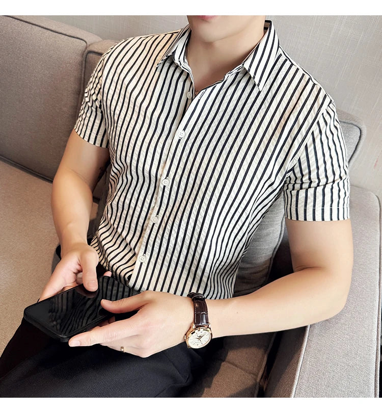 Men Striped Shirt 2026 Summer Light and Thin Breathable Sweat Absorbing Short Sleeved Slim Fit Casual Pleated Shirt Men Clothing