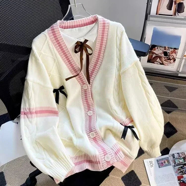 Sweet Bow Knitted Cardigans Y2k Aesthetic All Match Contrast Color Coats Fashion Single Breasted Women Kawaii JK Sweaters Jumper
