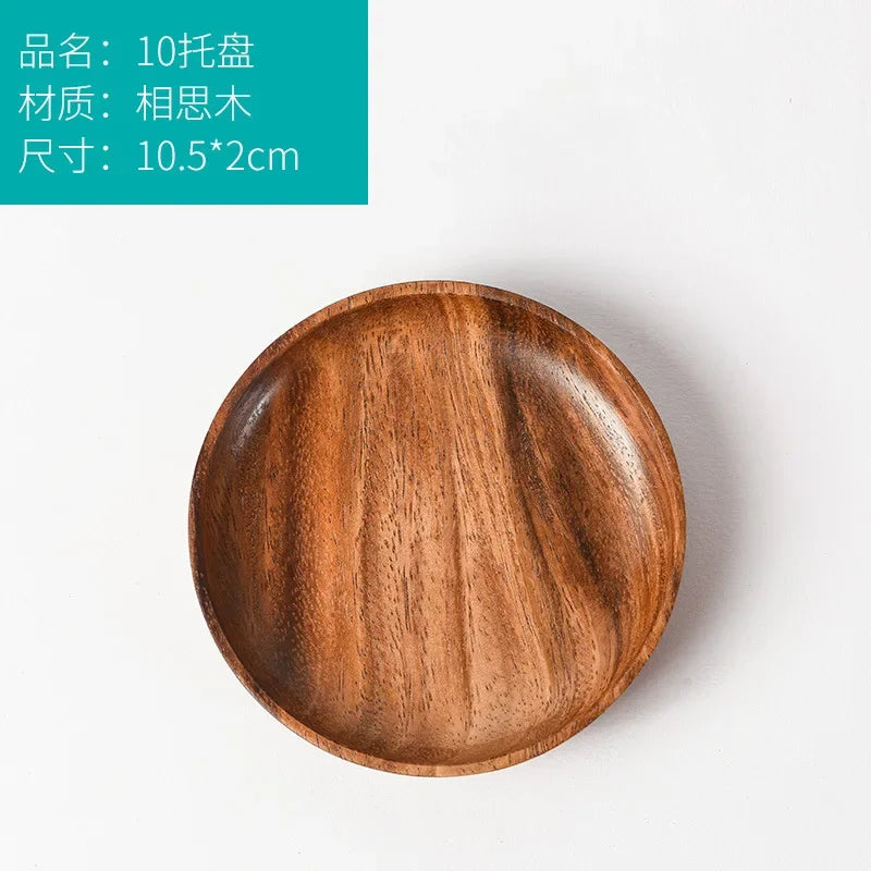 Japanese Household Dishes Acacia Wood Round Tableware Salad Dessert Tray Vintage Wood Dinnerware Set Plates Serving Platter