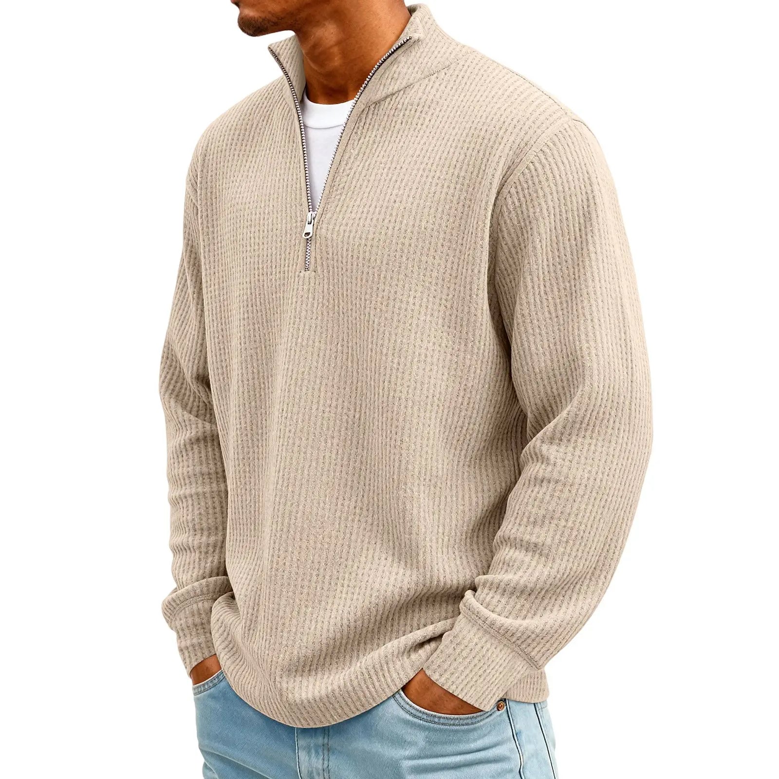New Sweatshirts For Men Spring Waffle Long-sleeved T-shirt Men's Casual Loose Zipper Polo Collar Tees Tops Man Outwear