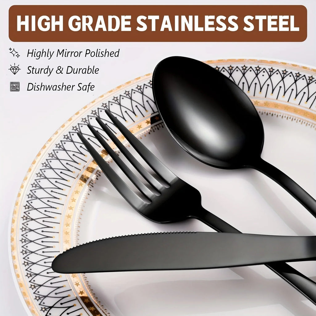 60pcs, Stainless Steel Flatware Set Black Silverware Mirror Polished Cutlery Set Birthdays Independence Day Dishwasher Safe