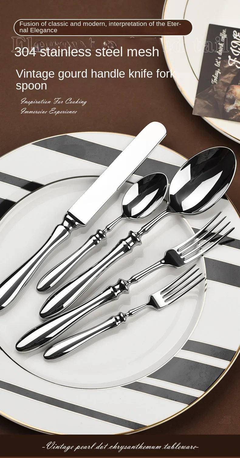 Luxury Gourd Shape Handle Stainless Steel Tableware 5 Pieces Spoons Forks Knives Elegant Cutlery Set