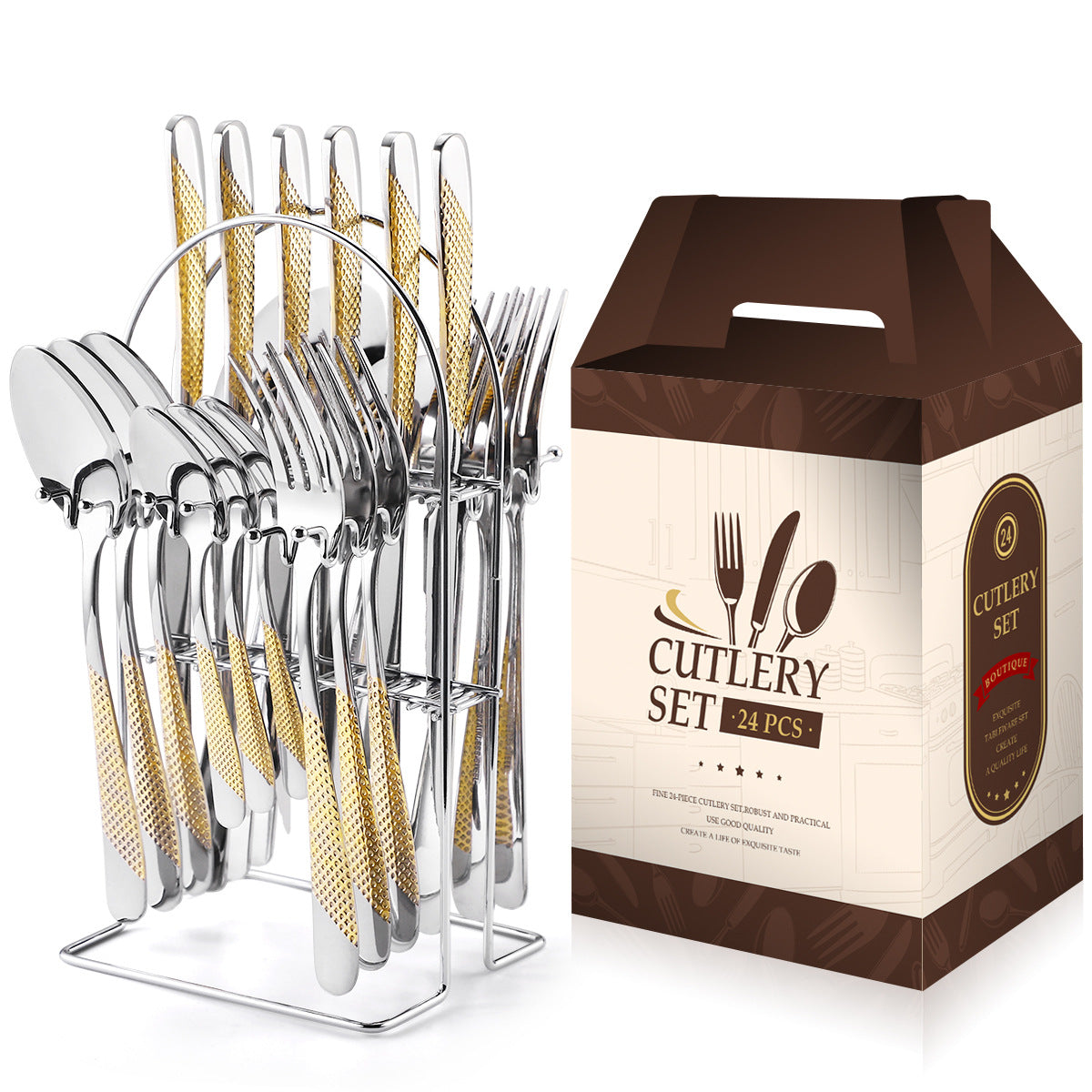 24 Pcs Stainless Steel Cutlery Hammer Pattern Ceramic Handle Knife Fork Spoon Set cutlery set travel cutlery set flatware set