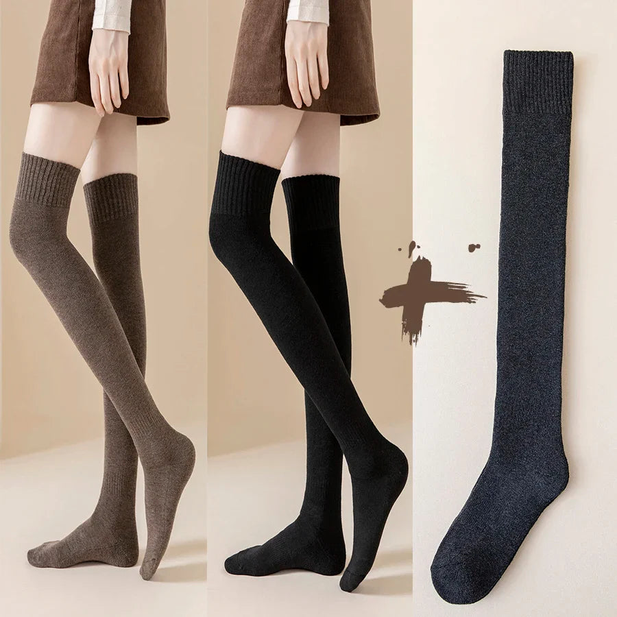 2 Pairs/Lot Winter Warm Thick Stockings Socks Women Over Knee High Hold Up Cotton Sexy Slim Ladies Girls Halloween Gift 6 Colors