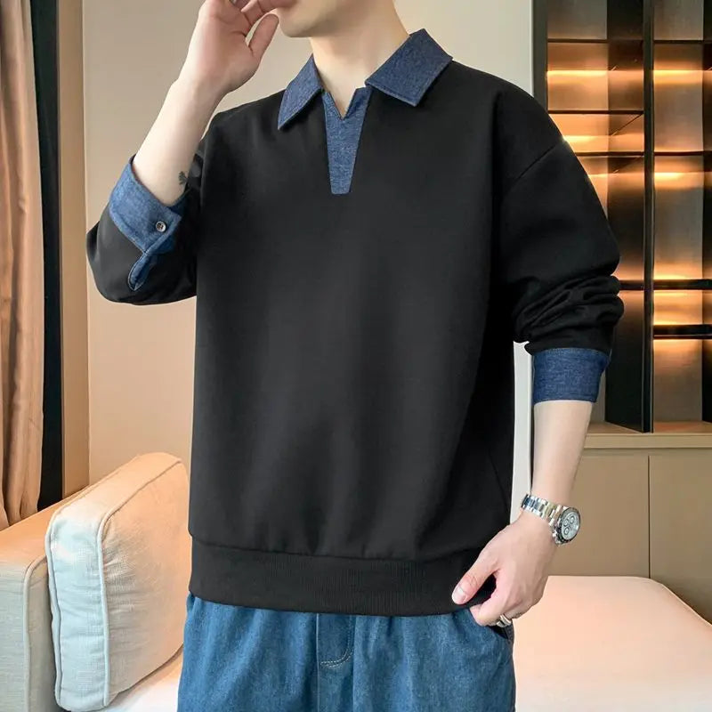 Men's Clothing Sweatshirts for Spring Autumn Two Pieces of Trendy Loose New Style Lapels Handsome Casual Long-sleeved Tops
