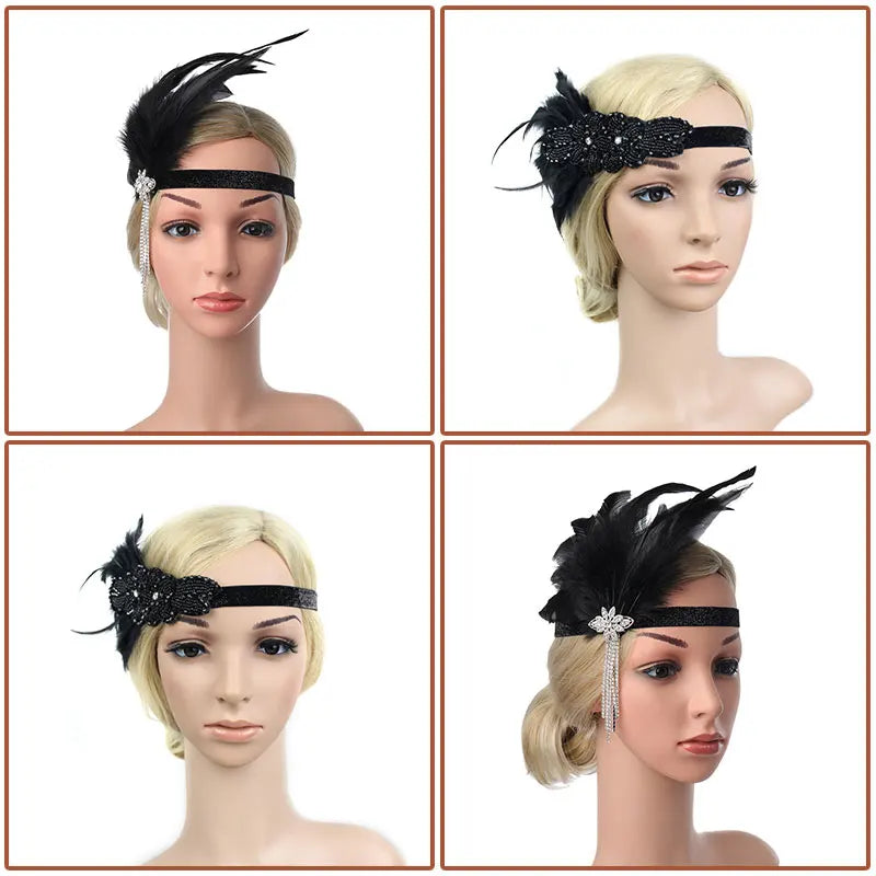 Hair Accessories For Women Girls Black Headband Rhinestone Sequin Vintage Party Headpiece Beaded Flapper Hair Feather Headband