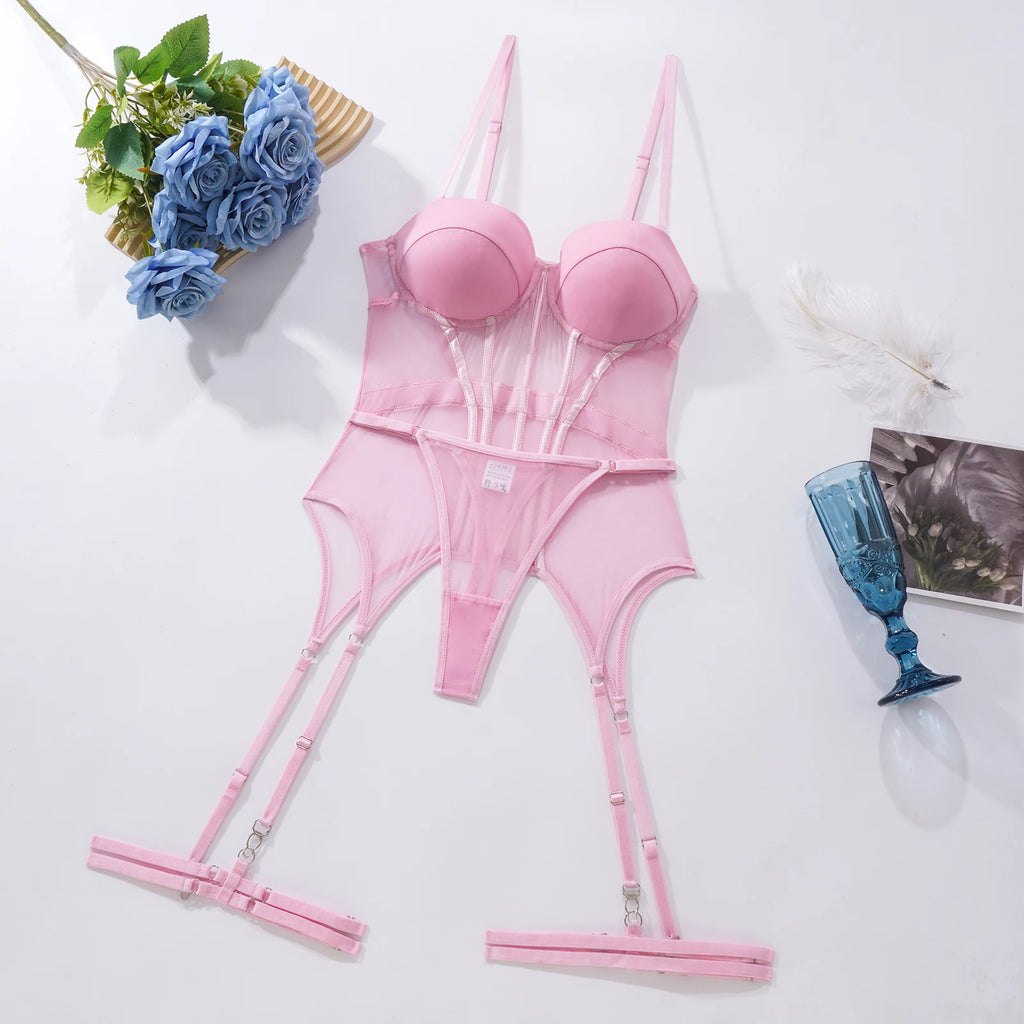 MUZISKAT Mesh  Lingerie Luxury Brand Bodysuit Backless Tops for Women 3 Piece Lingerie Set with Garter Sexydresses for Women