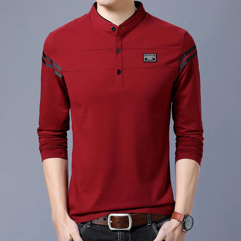 Men's Fashion Summer Long Sleeved POLO T-shirt Casual Cotton Breathable Top Stand Up Neck Long Sleeve Korean Comfortable Shirt