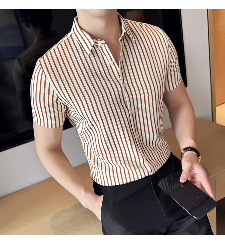 Men Striped Shirt 2026 Summer Light and Thin Breathable Sweat Absorbing Short Sleeved Slim Fit Casual Pleated Shirt Men Clothing