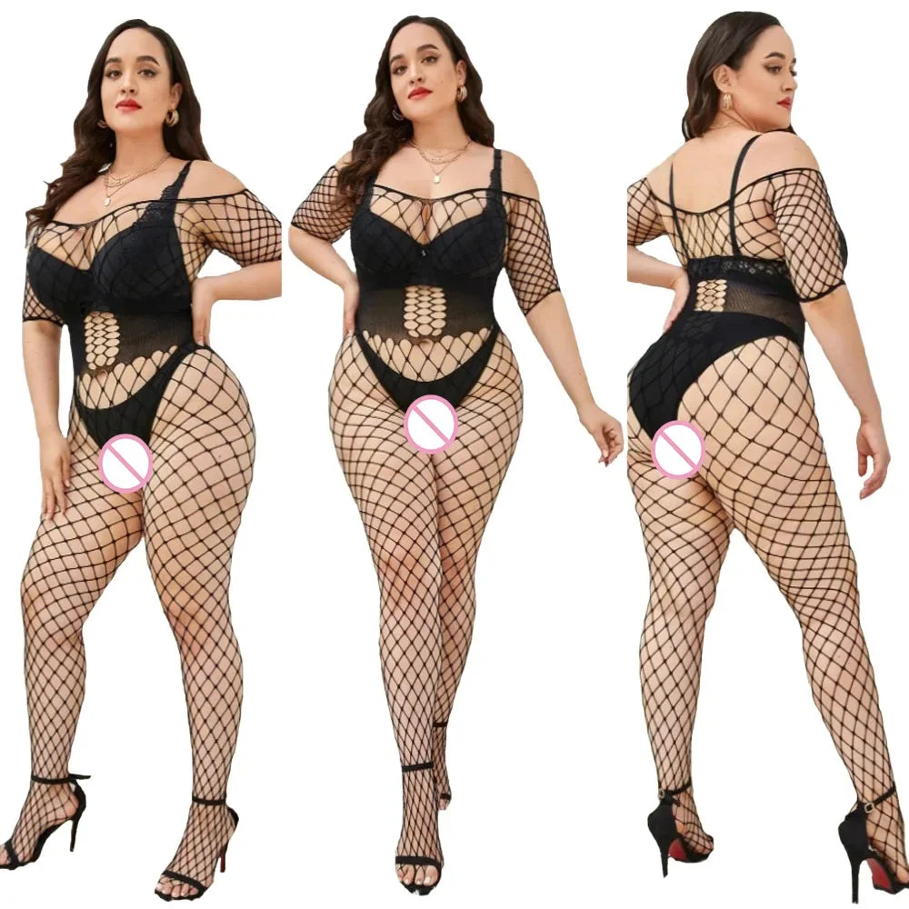 2024 Plus Size Bodystocking Hot Bodysuits For Women Sexy Fishnet Lingerie Babydoll Dress Porno Underwear Mesh Stockings For Sex