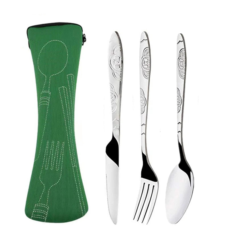 3Pcs/4Pcs/7Pcs Set Dinnerware Portable Printed Knifes Fork Spoon Stainless Steel Family Camping Steak Cutlery Tableware with Bag