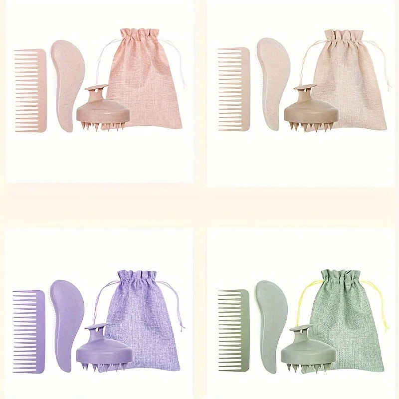 Eco-Friendly Hair Brush Set Soft Bristles & Portable Silicone Scalp Massager with Colorful Gift Set - for Normal Hair Types