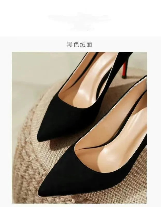 2022 Autumn New Women's High Heels Shoes Sexy Pointed Suede Red Shiny Bottom Pumps Fashionable Temperament Shallow Wedding Shoes