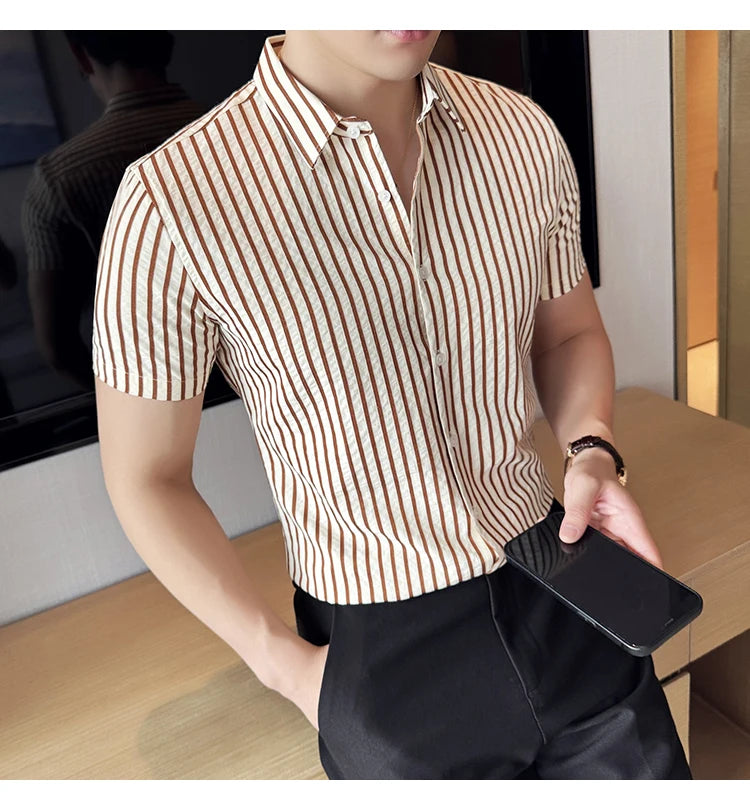 Men Striped Shirt 2026 Summer Light and Thin Breathable Sweat Absorbing Short Sleeved Slim Fit Casual Pleated Shirt Men Clothing