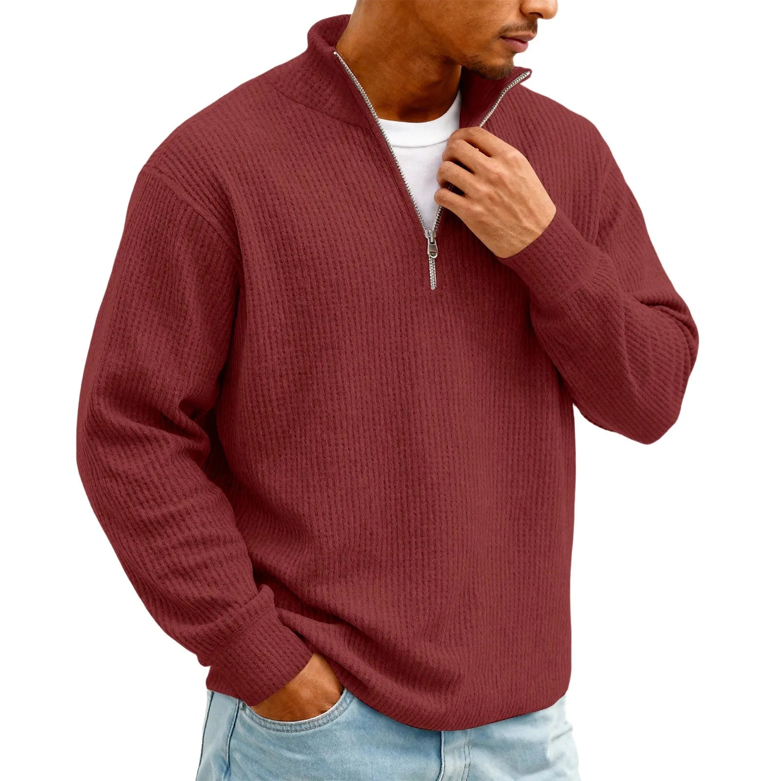 New Sweatshirts For Men Spring Waffle Long-sleeved T-shirt Men's Casual Loose Zipper Polo Collar Tees Tops Man Outwear