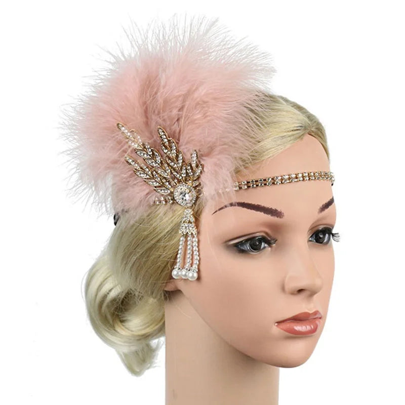 Hair Accessories For Women Girls Black Headband Rhinestone Sequin Vintage Party Headpiece Beaded Flapper Hair Feather Headband