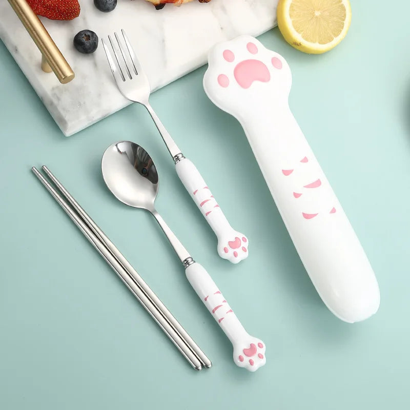 Cute Cat Paw Cutlery Set Stainless Steel Fork Spoon with storage Box Dinnerware Tableware Silverware Lunch Portable Tableware