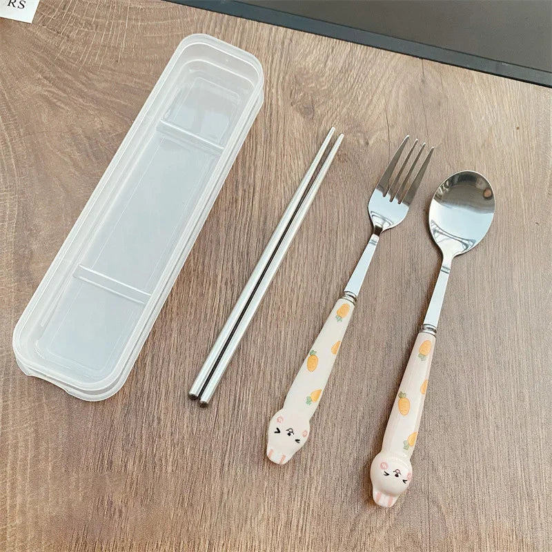 Cutlery Cartoon Rabbit Spoon Fork Chopsticks Sets Portable Lunch Tableware Stainless Steel Travel Dinnerware Kitchen Supplies