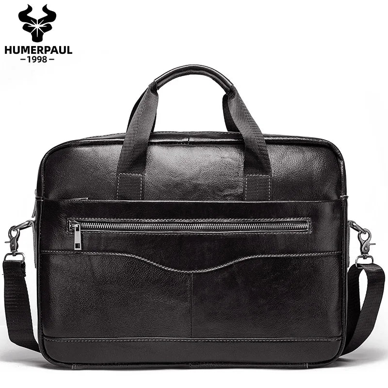 HUMERPAUL Briefcase Men Business Shoulder Messenger Bags Genuine Leather 15" Laptop Bag Men's Briefcase Office Business Handbag