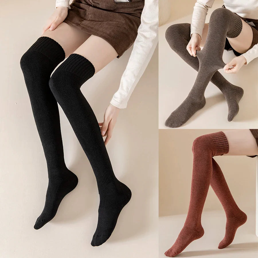 2 Pairs/Lot Winter Warm Thick Stockings Socks Women Over Knee High Hold Up Cotton Sexy Slim Ladies Girls Halloween Gift 6 Colors