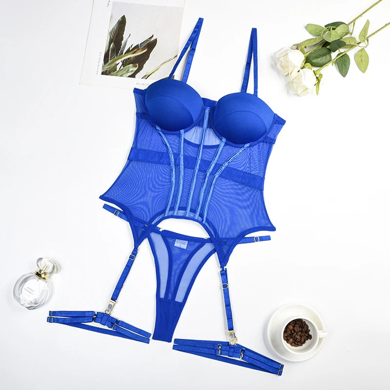 MUZISKAT Mesh  Lingerie Luxury Brand Bodysuit Backless Tops for Women 3 Piece Lingerie Set with Garter Sexydresses for Women