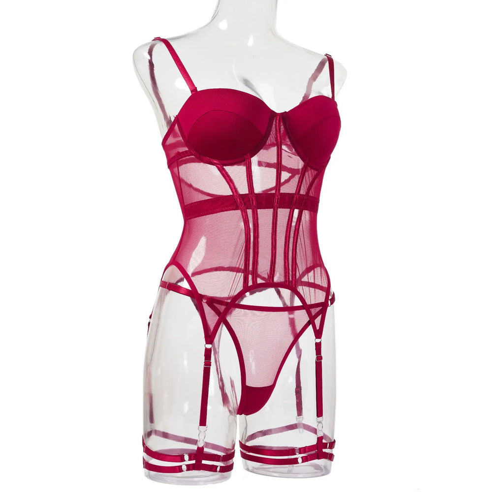 MUZISKAT Mesh  Lingerie Luxury Brand Bodysuit Backless Tops for Women 3 Piece Lingerie Set with Garter Sexydresses for Women