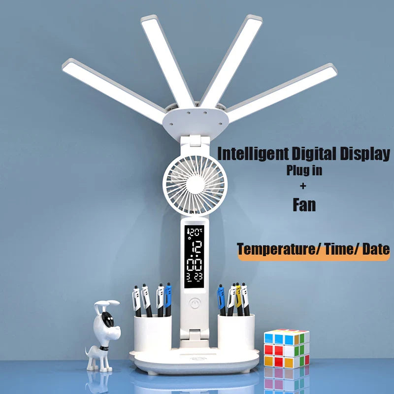 3in1 Multifunction Table Lamp LED Four-headed Folding With Fan Calendar Clock USB Rechargeable Desk light 3 color Reading Lamp