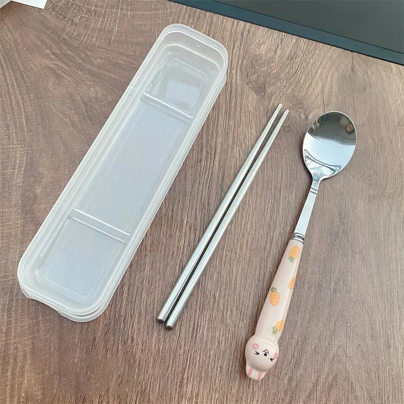 Cutlery Cartoon Rabbit Spoon Fork Chopsticks Sets Portable Lunch Tableware Stainless Steel Travel Dinnerware Kitchen Supplies