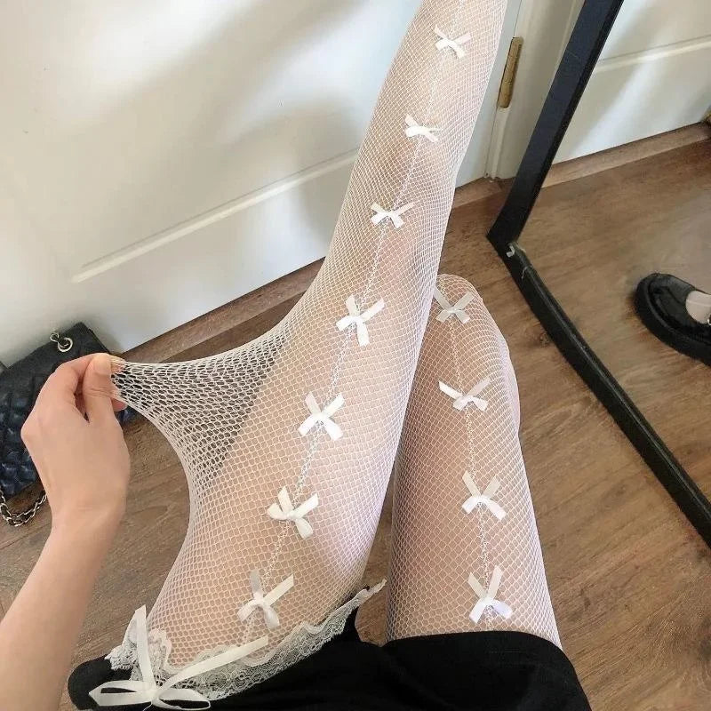 Women Stockings Pantyhose Hollow Out Transparent Slim Fishnet Pantyhose with Bow-knot