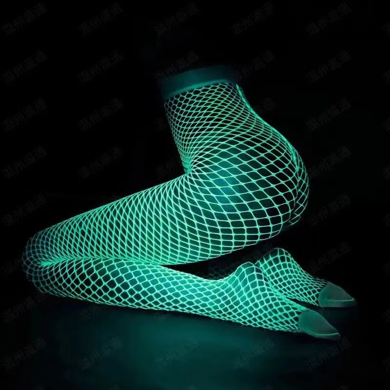 New Night Fluorescent Women's Long Socks Fishnet Body Stockings Curve Lingerie Mesh Fabric High Waist Sex Tights Sexy Bodysuits