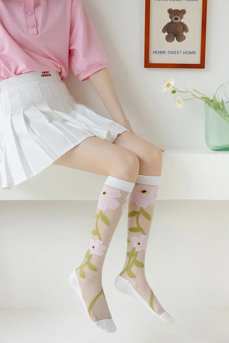 Stockings Women Summer Ultra-thin Transparent Nylon Long Socks Floral Print Sexy Lace Mesh Fishnet Stockings Kawaii Knee Socks