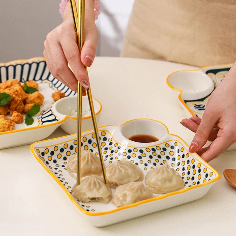 Dumpling Plate with Vinegar Dish Household Ceramic Plate Breakfast Compartment Plate High-Grade Dumpling