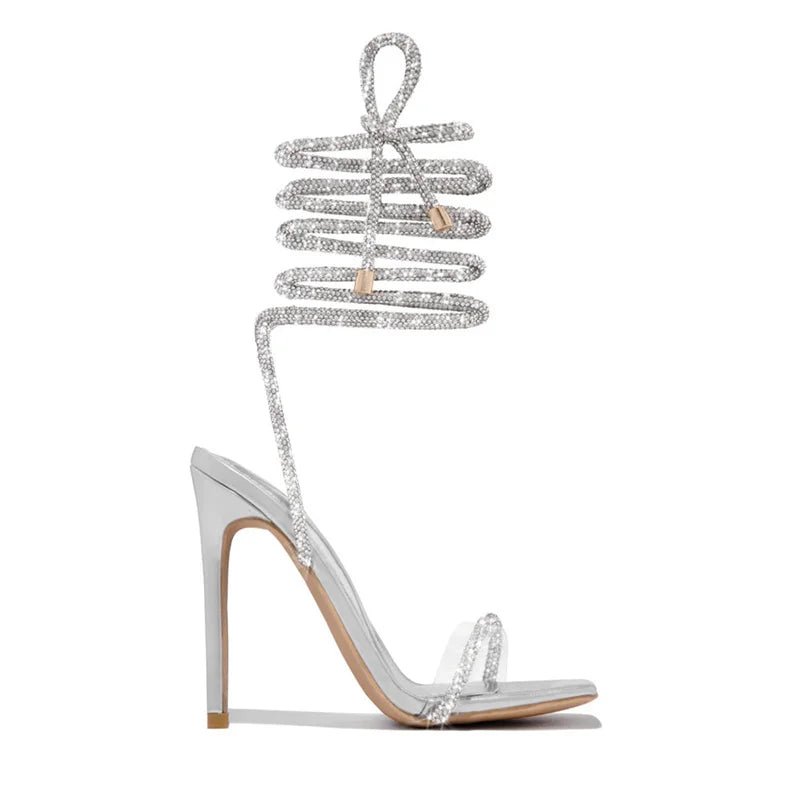 Liyke Fashion Glitter Rhinestones Women Sandals Crystal Ankle Strap High Heels Party Prom Shoes Lady Wedding Stiletto Sandalias