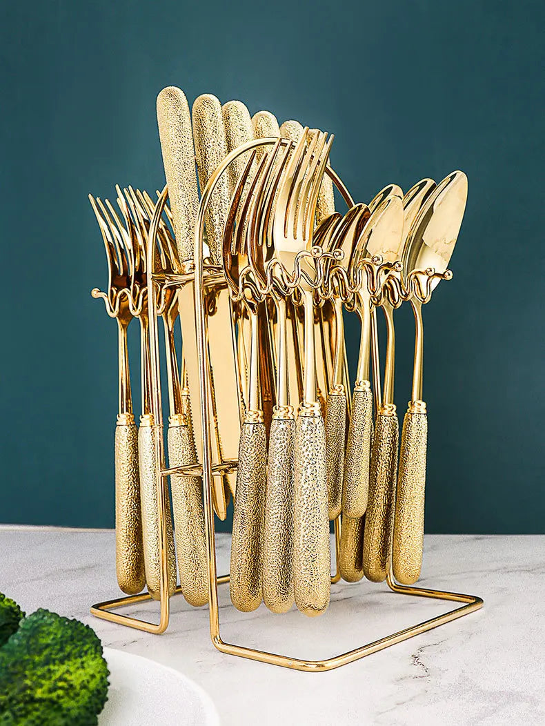 24 Pcs Stainless Steel Cutlery Hammer Pattern Ceramic Handle Knife Fork Spoon Set cutlery set travel cutlery set flatware set