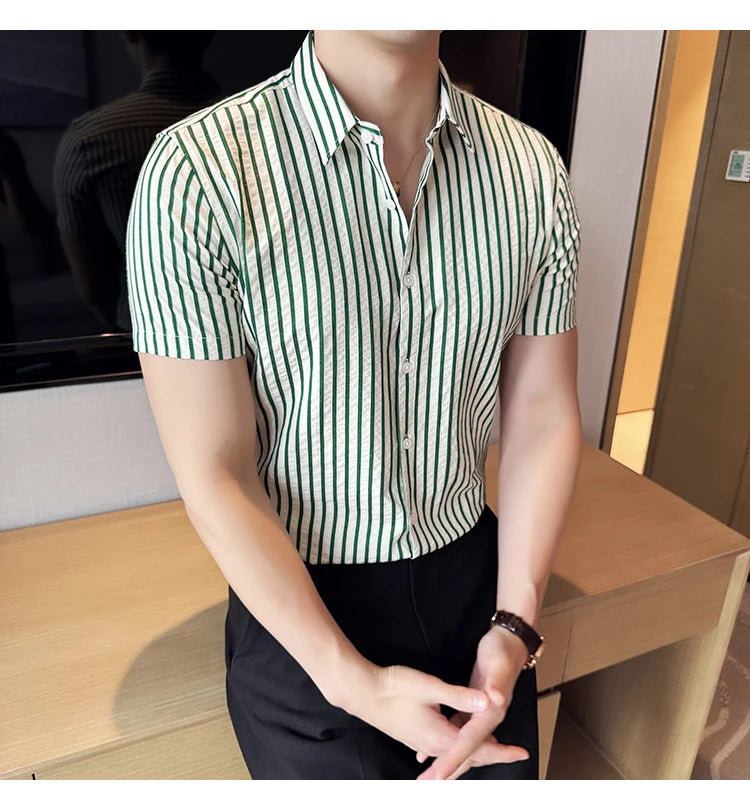 Men Striped Shirt 2026 Summer Light and Thin Breathable Sweat Absorbing Short Sleeved Slim Fit Casual Pleated Shirt Men Clothing