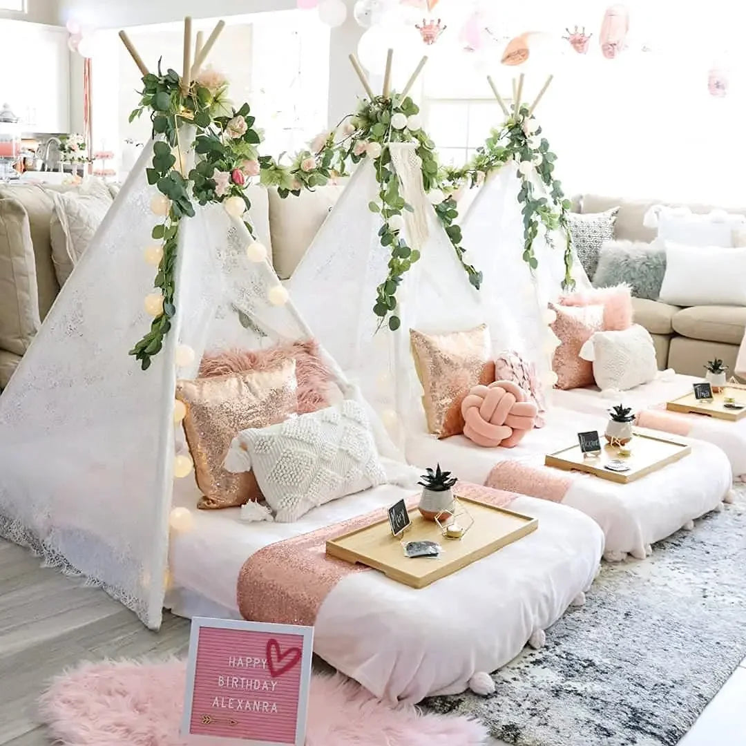 White Lace Teepee Tent for Kids Large Fairy Play House Indoor Wigwam Children Castle Wedding Party Photography Props Boho Decor