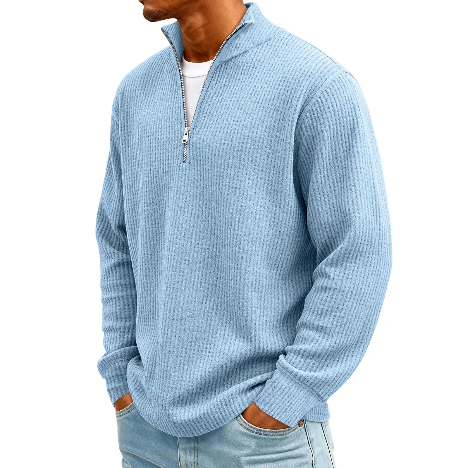 New Sweatshirts For Men Spring Waffle Long-sleeved T-shirt Men's Casual Loose Zipper Polo Collar Tees Tops Man Outwear