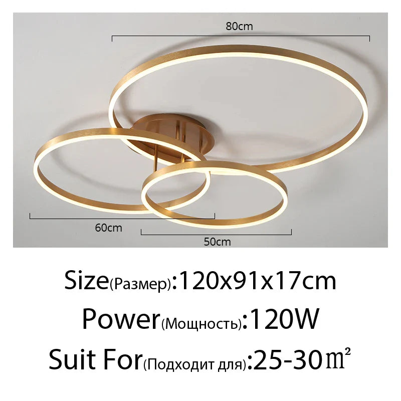Household Gold Led Chandeliers 3 Circle Bedroom Metal Living Dining Room Lighting Chandelier Brown Glossy Lamp Home Indoor Lamps
