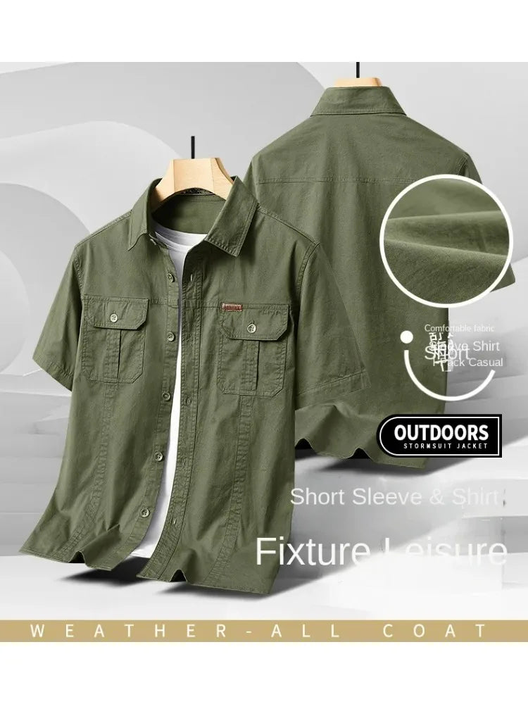 Summer Short Sleeve Shirt Men 100 Cotton Refreshing Breathable Sweat Absorbing Shirt Climbing Work Clothes Pocket Fishing Shirt
