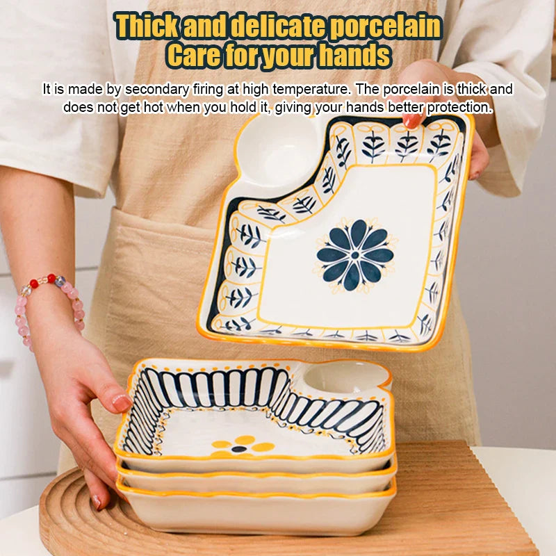Dumpling Plate with Vinegar Dish Household Ceramic Plate Breakfast Compartment Plate High-Grade Dumpling