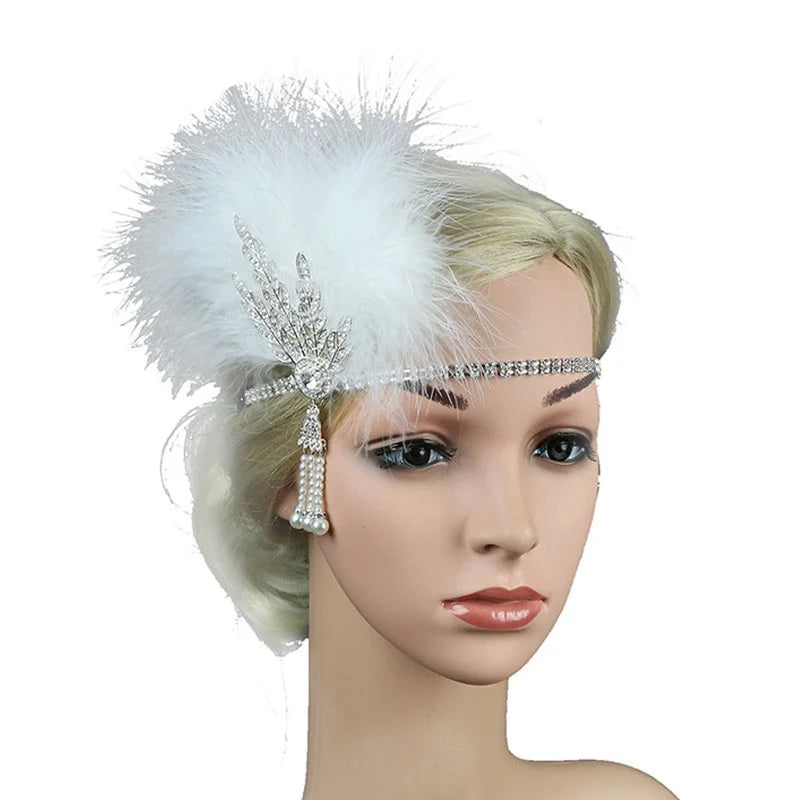 Hair Accessories For Women Girls Black Headband Rhinestone Sequin Vintage Party Headpiece Beaded Flapper Hair Feather Headband