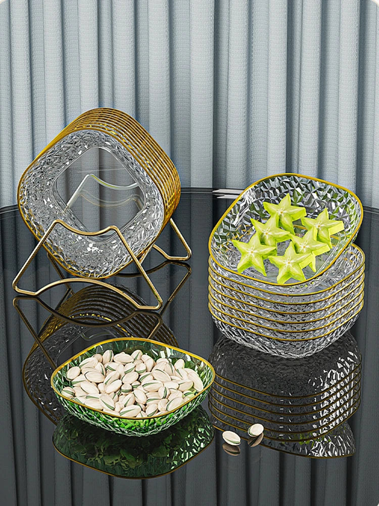 Fashion Fruit Plate Living Room Salad Plate Plastic Tray Home Decoration Golden Edge Stackable Snacks Serving Platter 4pcs/set