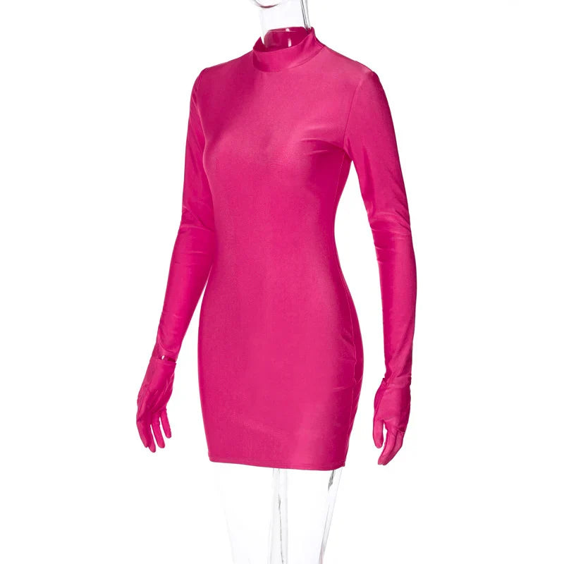 Solid Long Sleeve With Gloves Mini Dress Bodycon Sexy Streetwear Party Half Turtleneck Outfits Y2K Clothes Wholesale