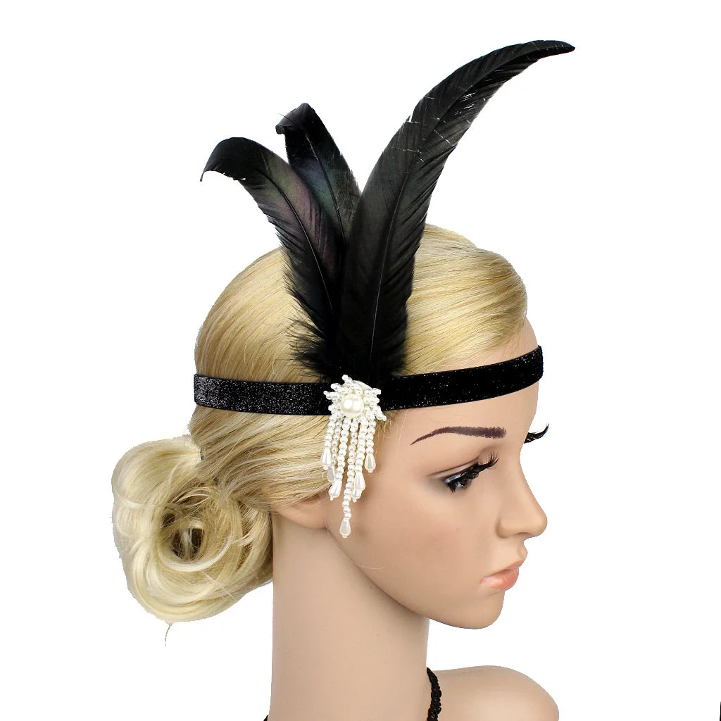 Hair Accessories For Women Girls Black Headband Rhinestone Sequin Vintage Party Headpiece Beaded Flapper Hair Feather Headband