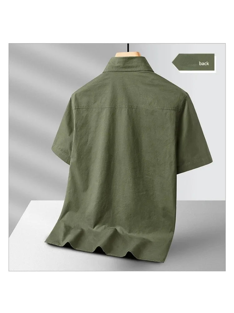 Summer Short Sleeve Shirt Men 100 Cotton Refreshing Breathable Sweat Absorbing Shirt Climbing Work Clothes Pocket Fishing Shirt