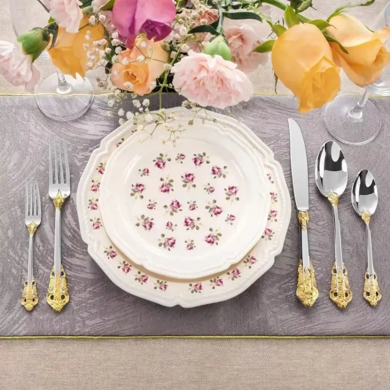 24/30pcs Vintage Cutlery Set Luxury Stainless Steel Flatware Set Forks Knive Spoons Tableware Set Kitchen Utensils